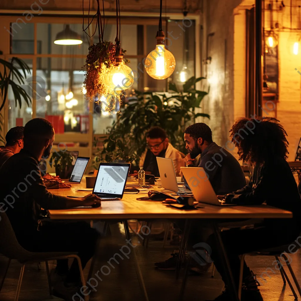 Diverse group in coworking space with laptops collaborating - Image 2