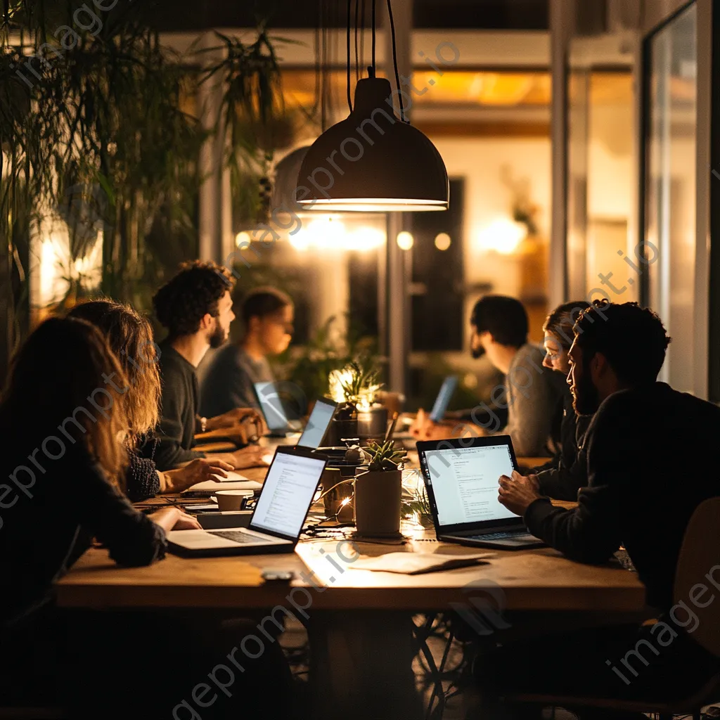 Diverse group in coworking space with laptops collaborating - Image 3