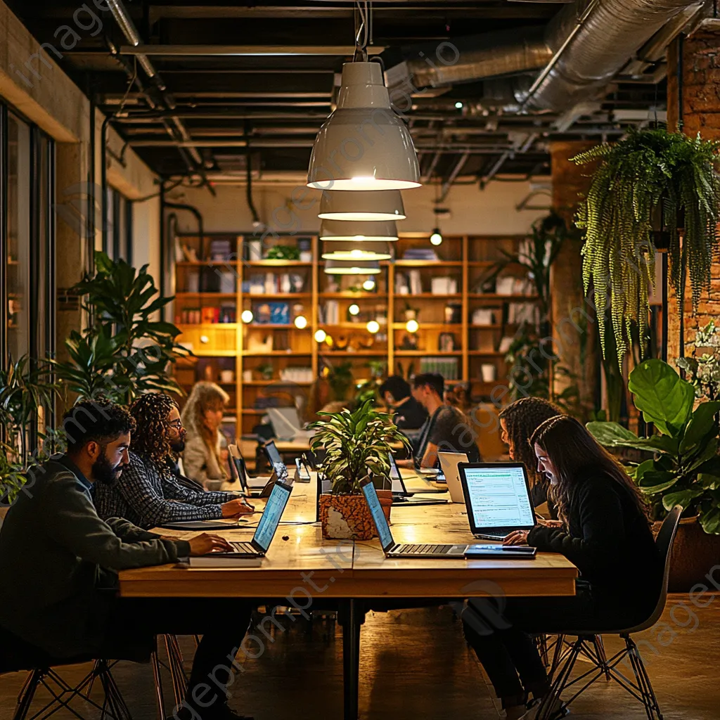 Diverse group in coworking space with laptops collaborating - Image 4