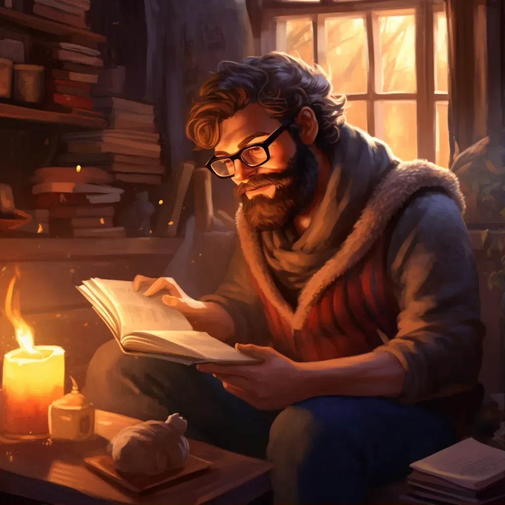 Man with a beard and glasses reading a book in a cozy room - Image 1