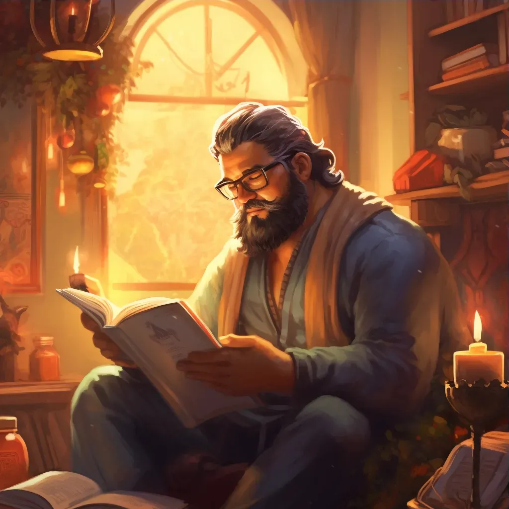 Man with a beard and glasses reading a book in a cozy room - Image 3