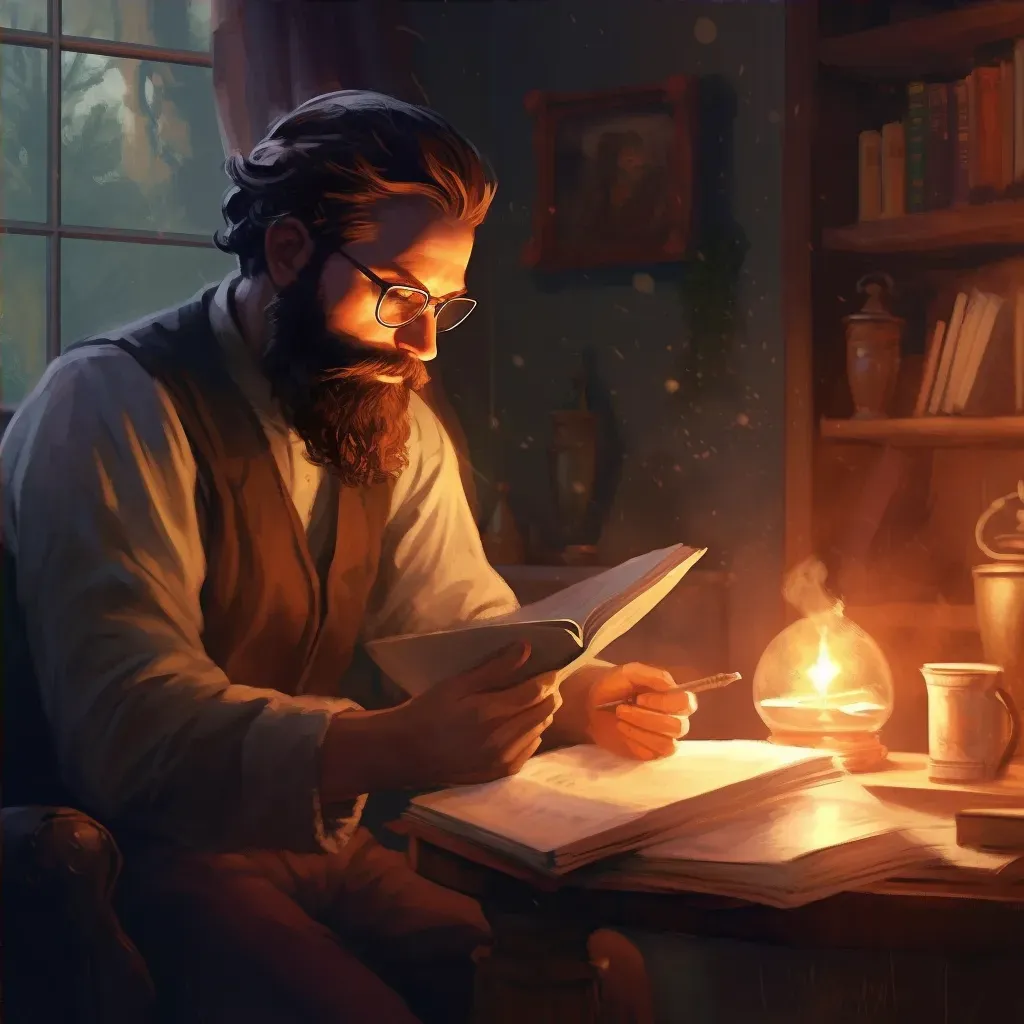 Man with a beard and glasses reading a book in a cozy room - Image 4