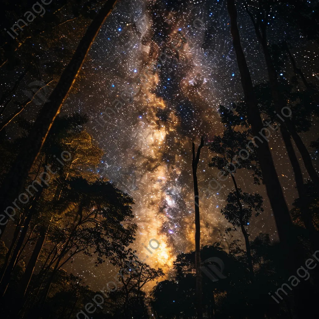 Milky Way galaxy seen through dense forest trees - Image 1