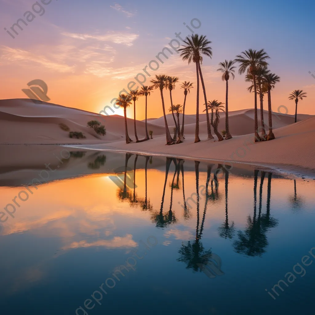 Desert oasis with palm trees and blue water at sunset - Image 1