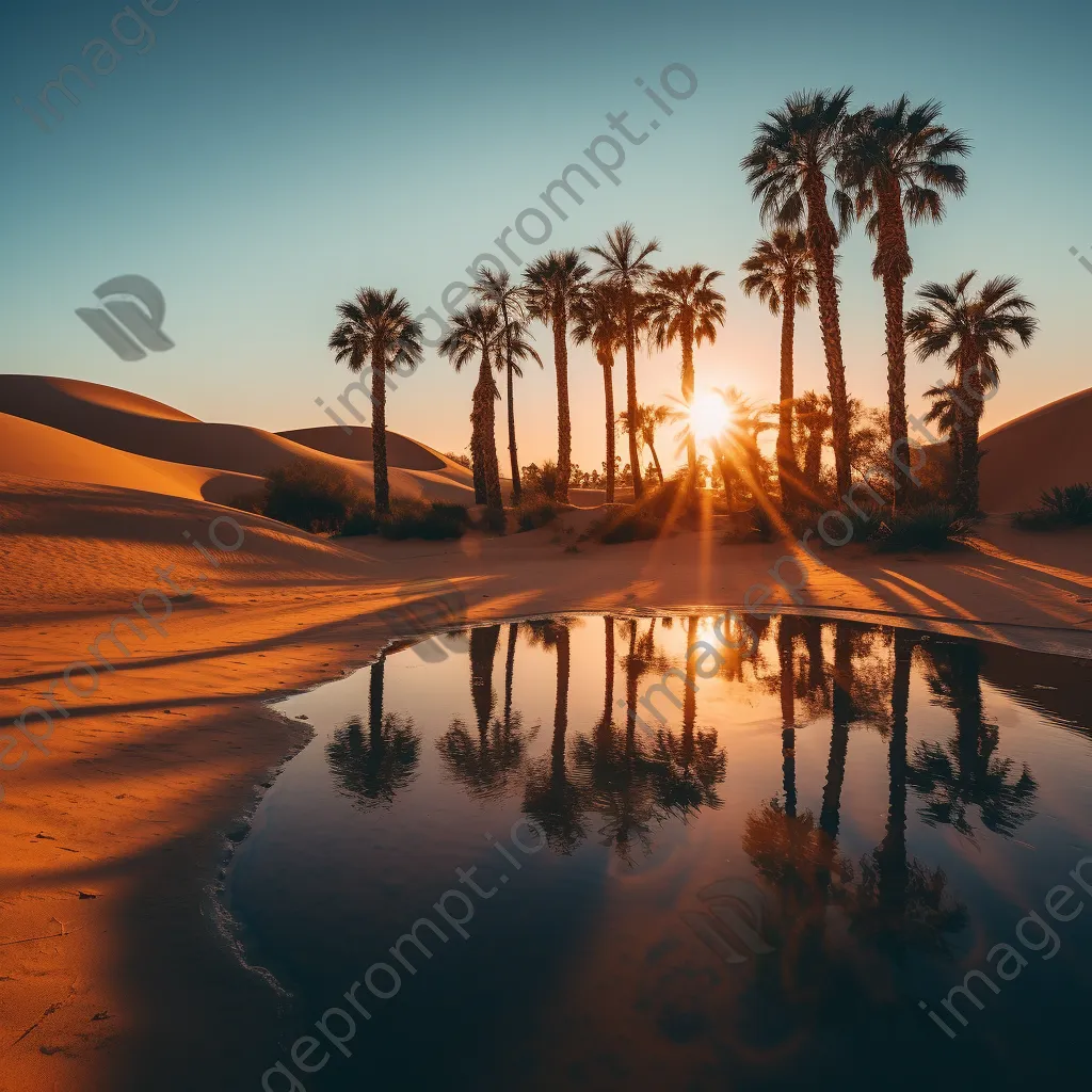 Desert oasis with palm trees and blue water at sunset - Image 2