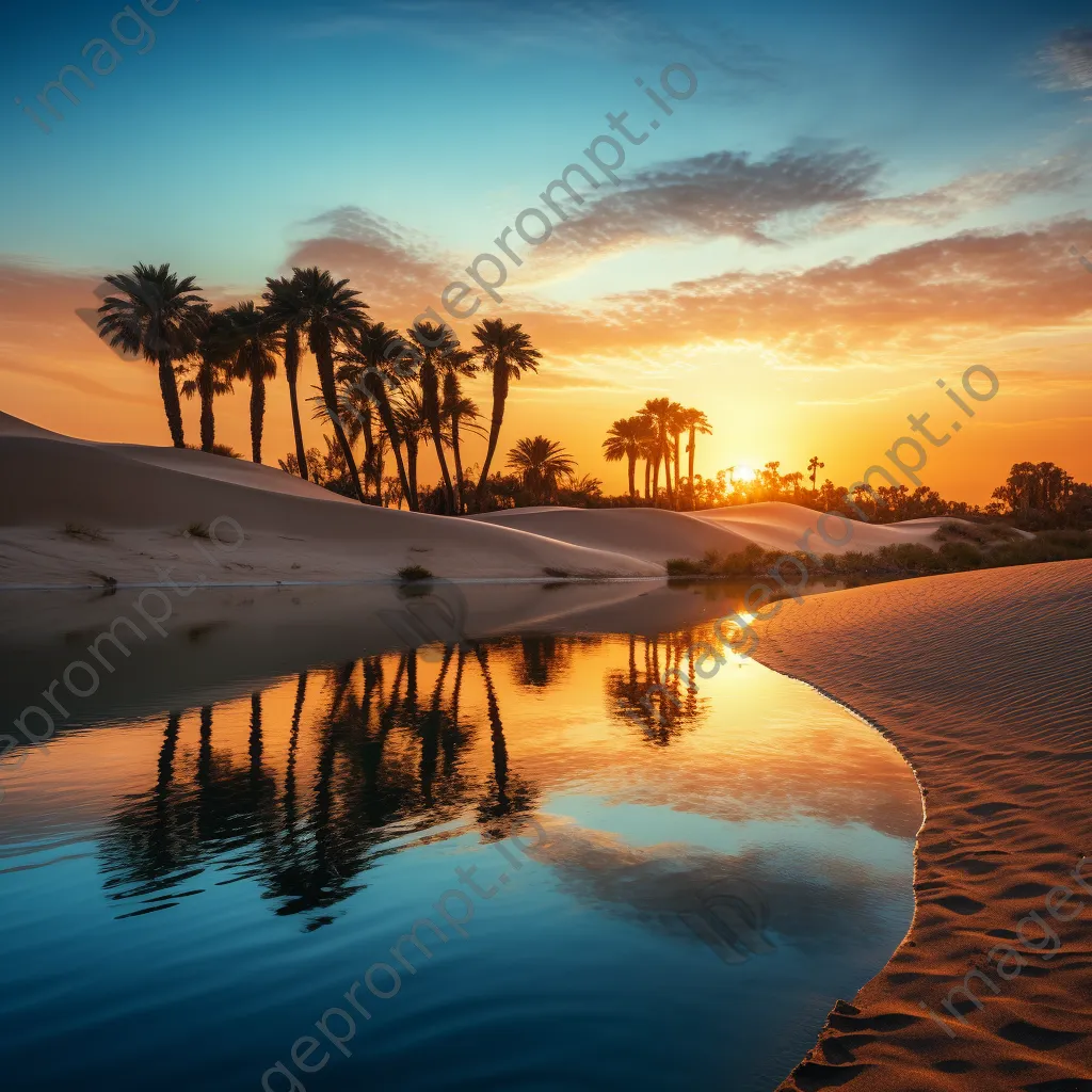 Desert oasis with palm trees and blue water at sunset - Image 3