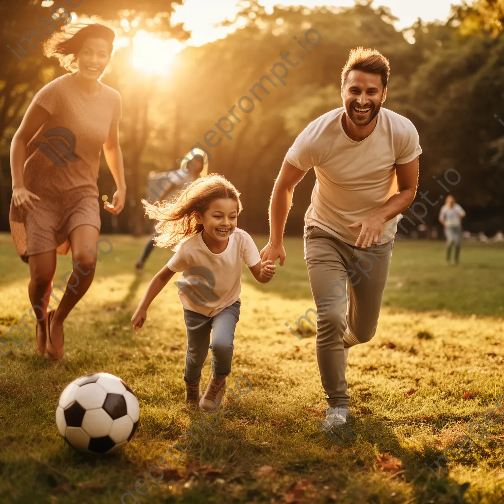 Family playing soccer in a park at golden hour. - Image 1