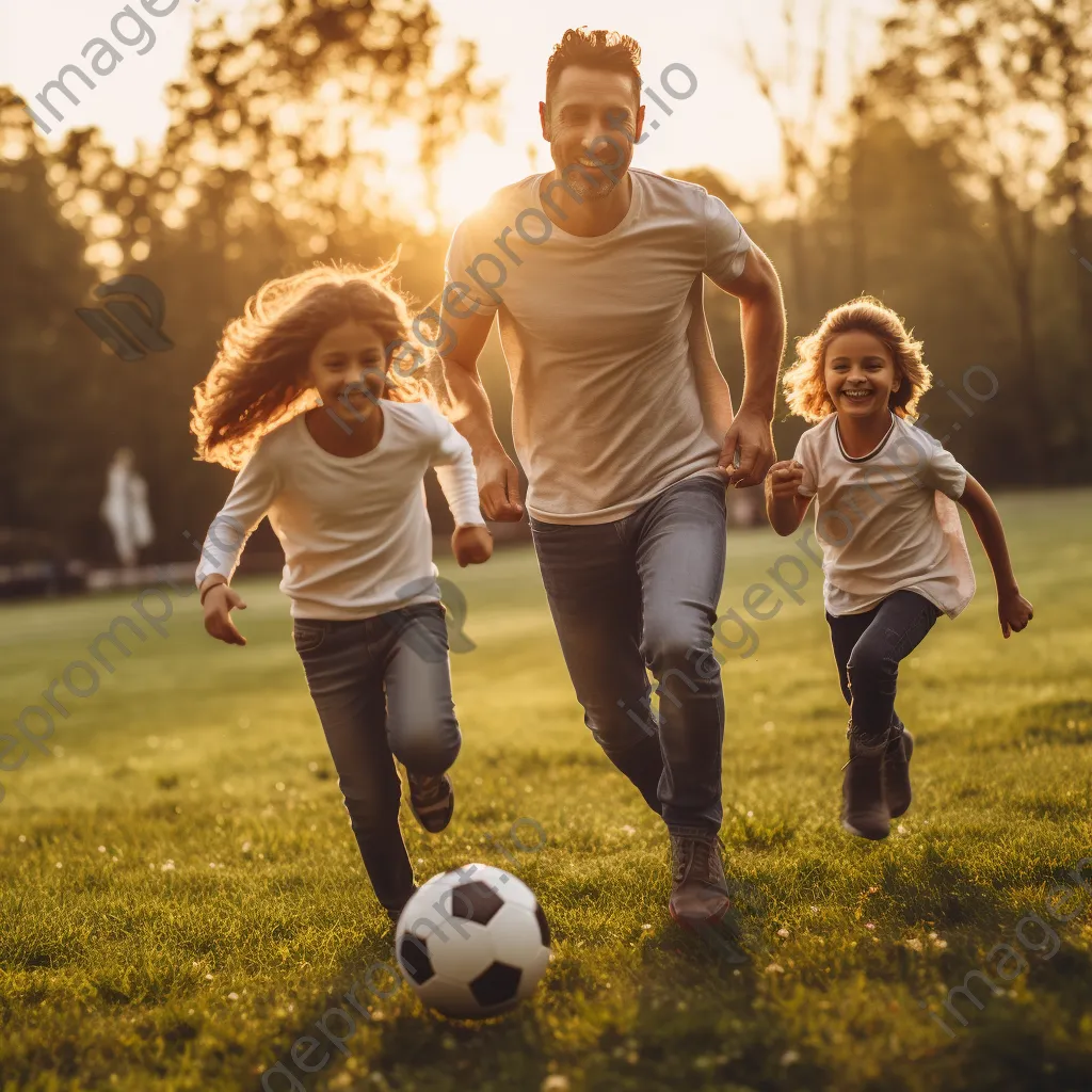 Family playing soccer in a park at golden hour. - Image 2