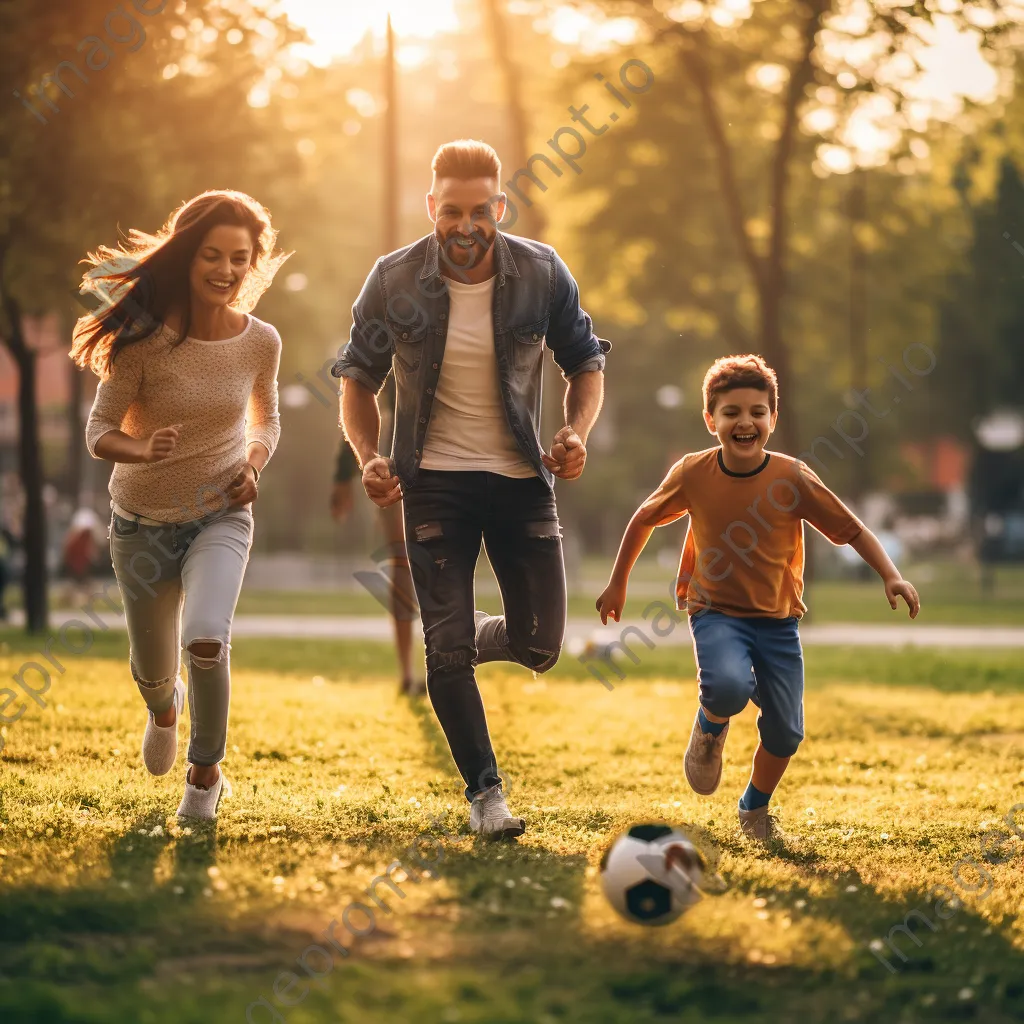 Family playing soccer in a park at golden hour. - Image 3