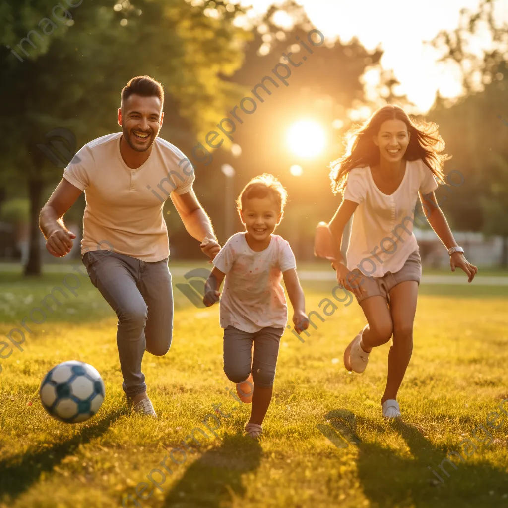 Family playing soccer in a park at golden hour. - Image 4