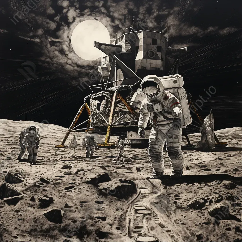 Monochrome charcoal depiction of the 1960s moon landing - Image 1