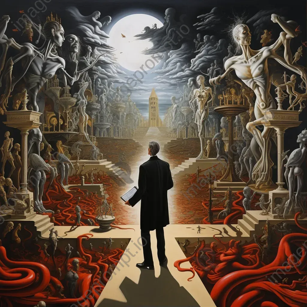 Surrealist painting of superimposed realms of heaven and hell representing Pascal