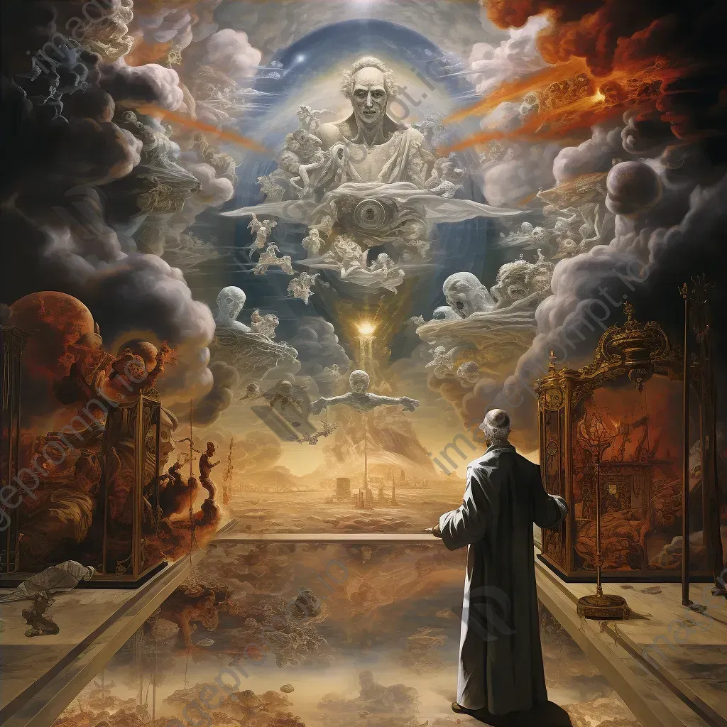 Surrealist painting of superimposed realms of heaven and hell representing Pascal