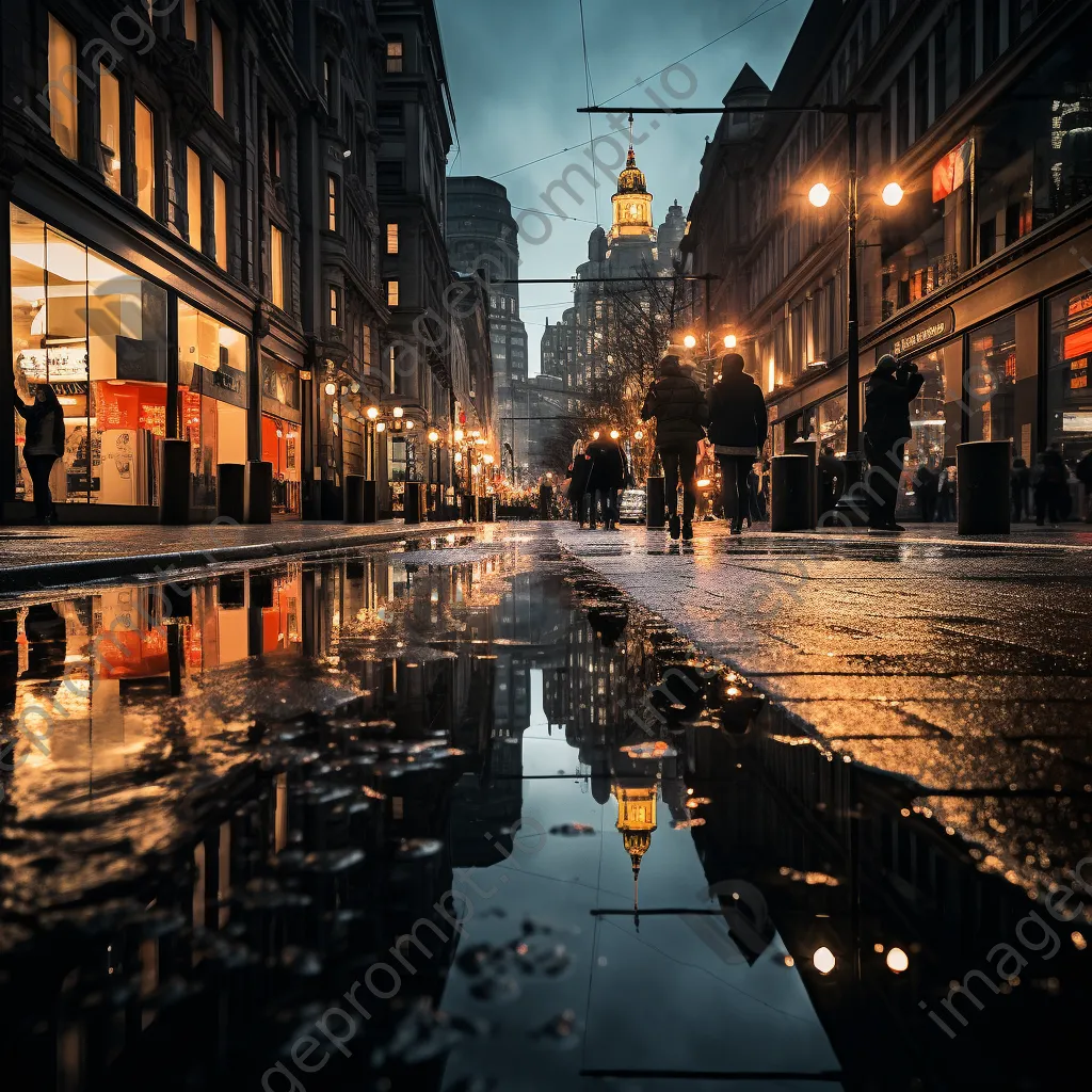 Busy city street reflecting lights in the rain, black and white high contrast - Image 1