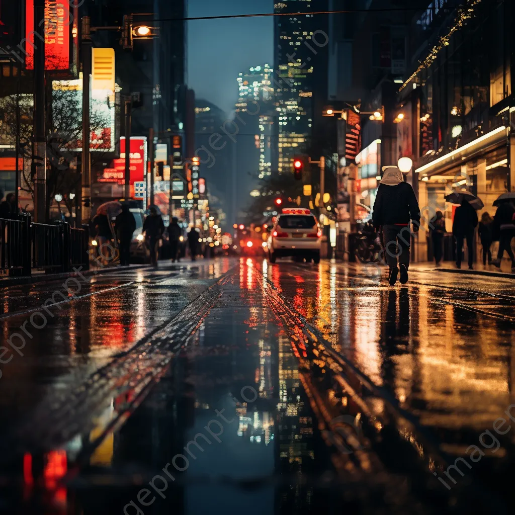 Busy city street reflecting lights in the rain, black and white high contrast - Image 3