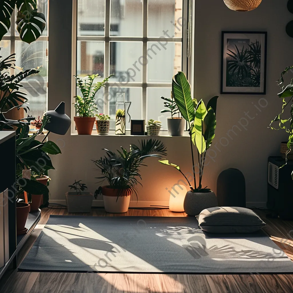 Meditation corner with yoga mat and plants in home office - Image 1