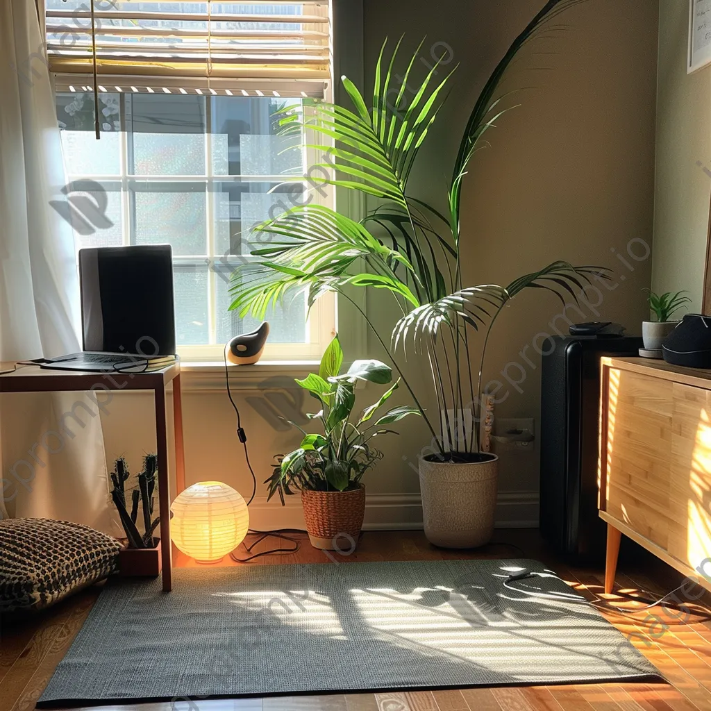 Meditation corner with yoga mat and plants in home office - Image 3