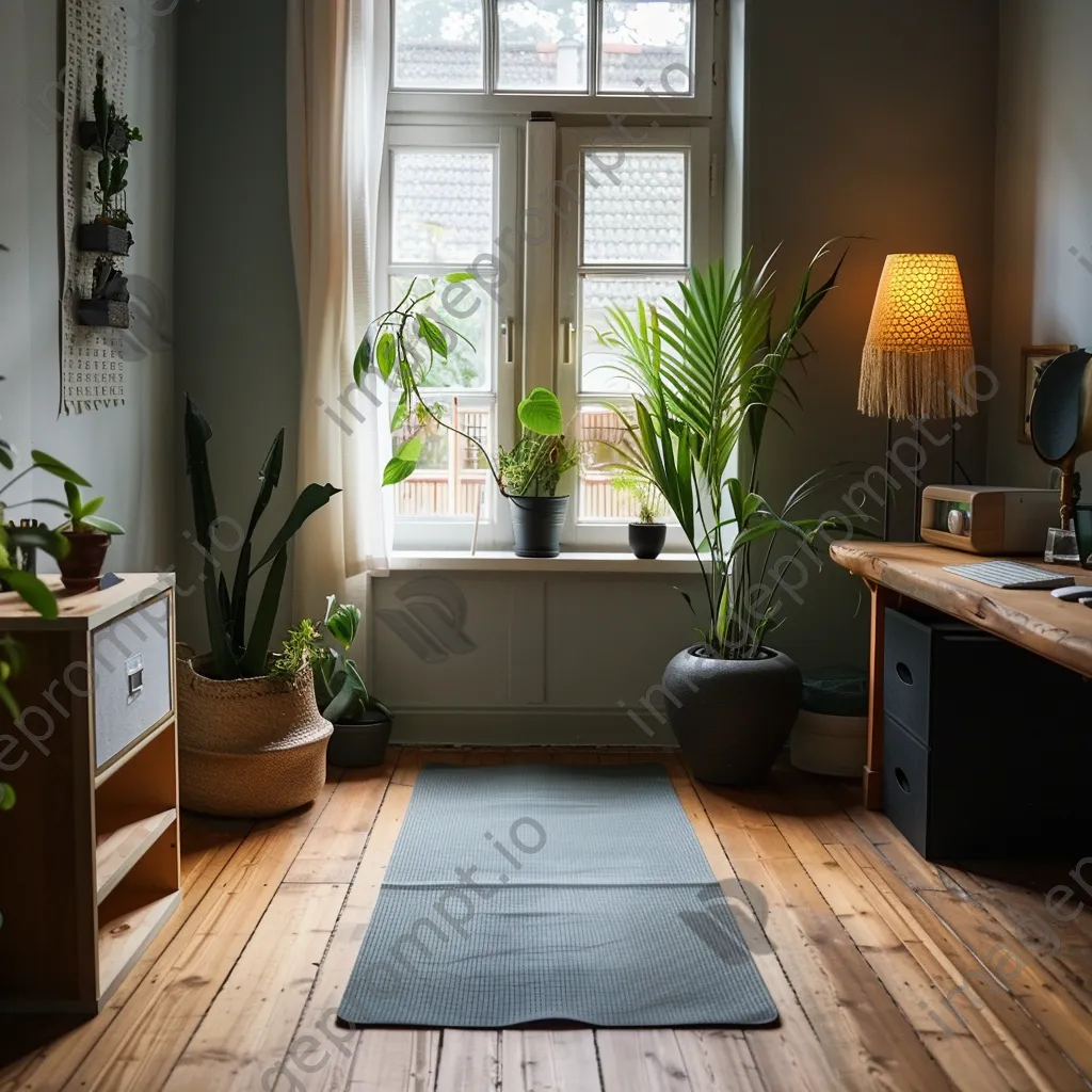 Meditation corner with yoga mat and plants in home office - Image 4