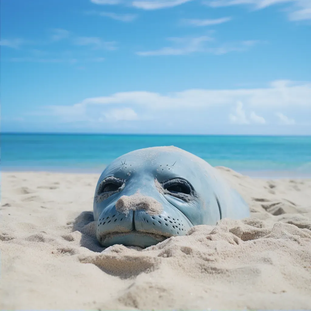 Hawaiian monk seal resting on sandy beach with clear blue ocean and sky - Image 2