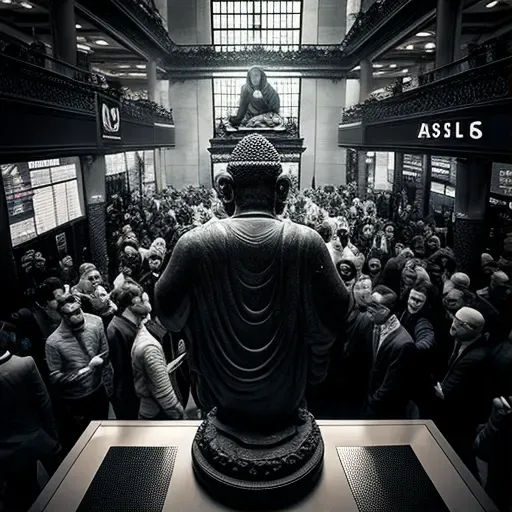 Serene Buddha statue on chaotic stock exchange floor - Image 1