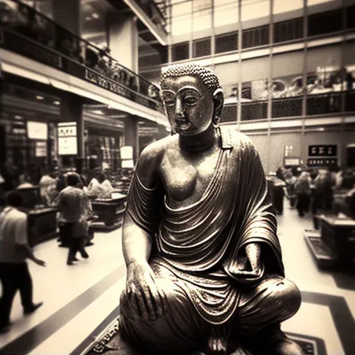 Serene Buddha statue on chaotic stock exchange floor - Image 2