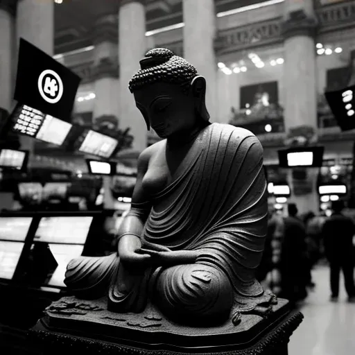 Serene Buddha statue on chaotic stock exchange floor - Image 4