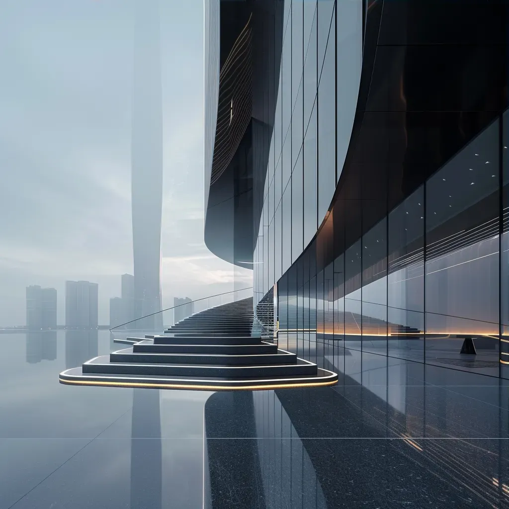 Futuristic urban architecture with glass exteriors and dynamic lighting - Image 3