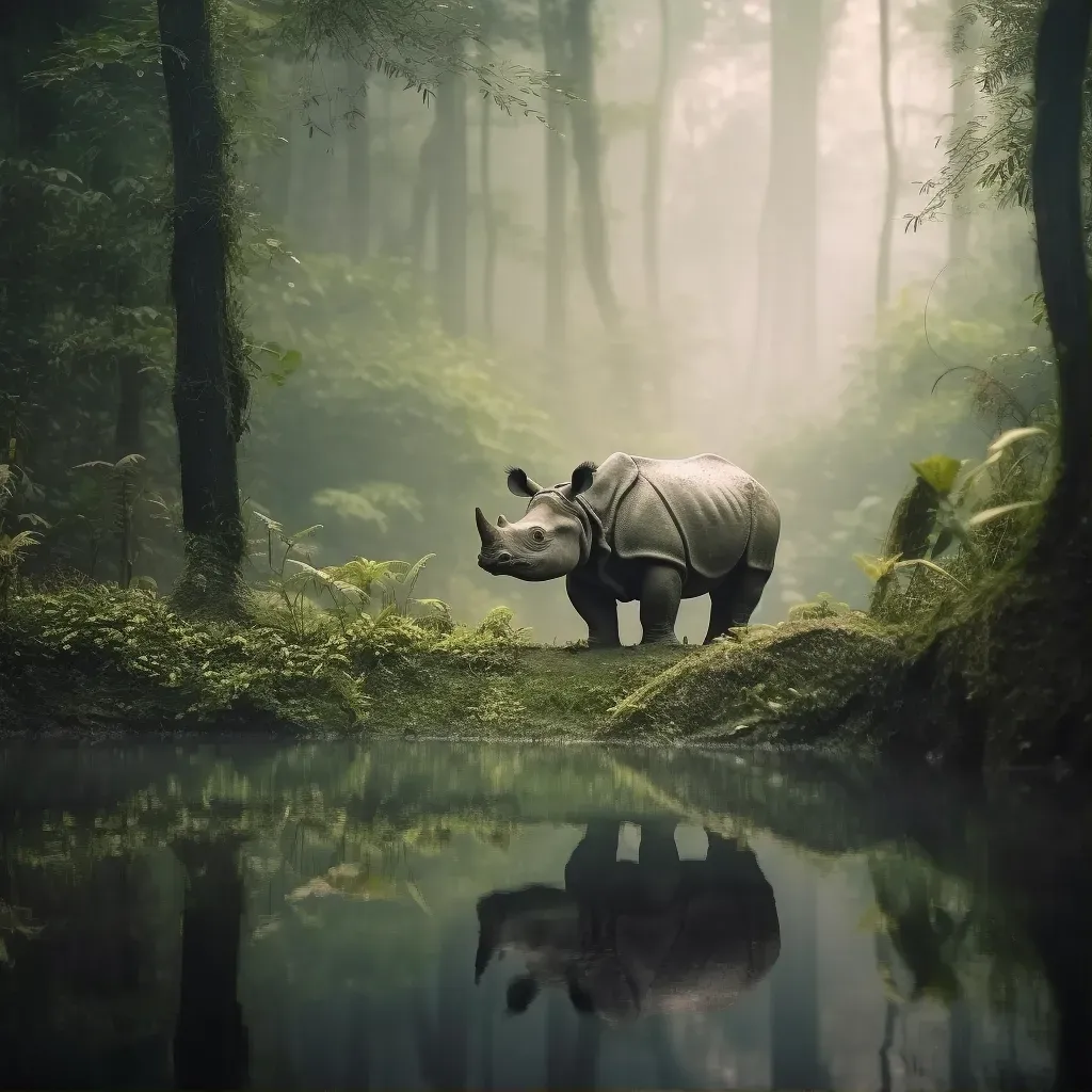 Image of a Javan Rhino drinking in the Indonesian rainforest - Image 1