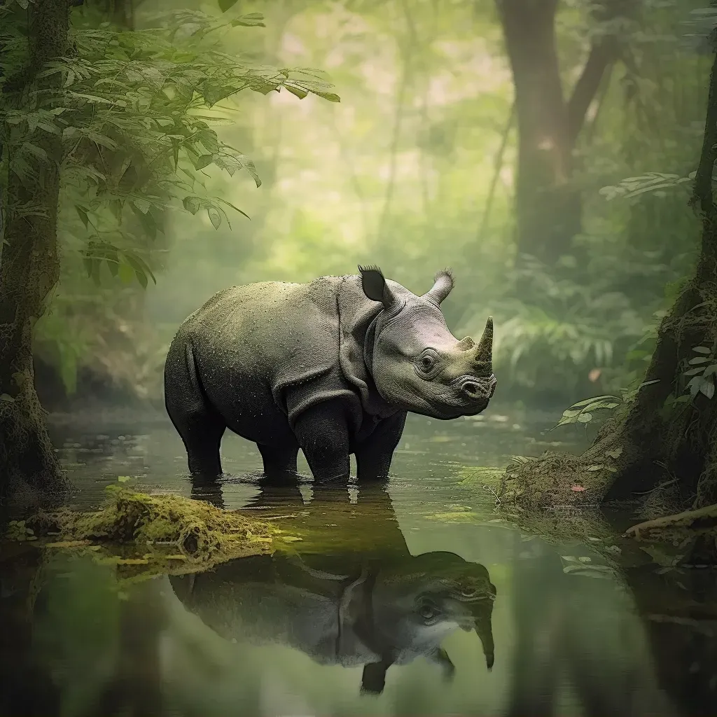 Image of a Javan Rhino drinking in the Indonesian rainforest - Image 2