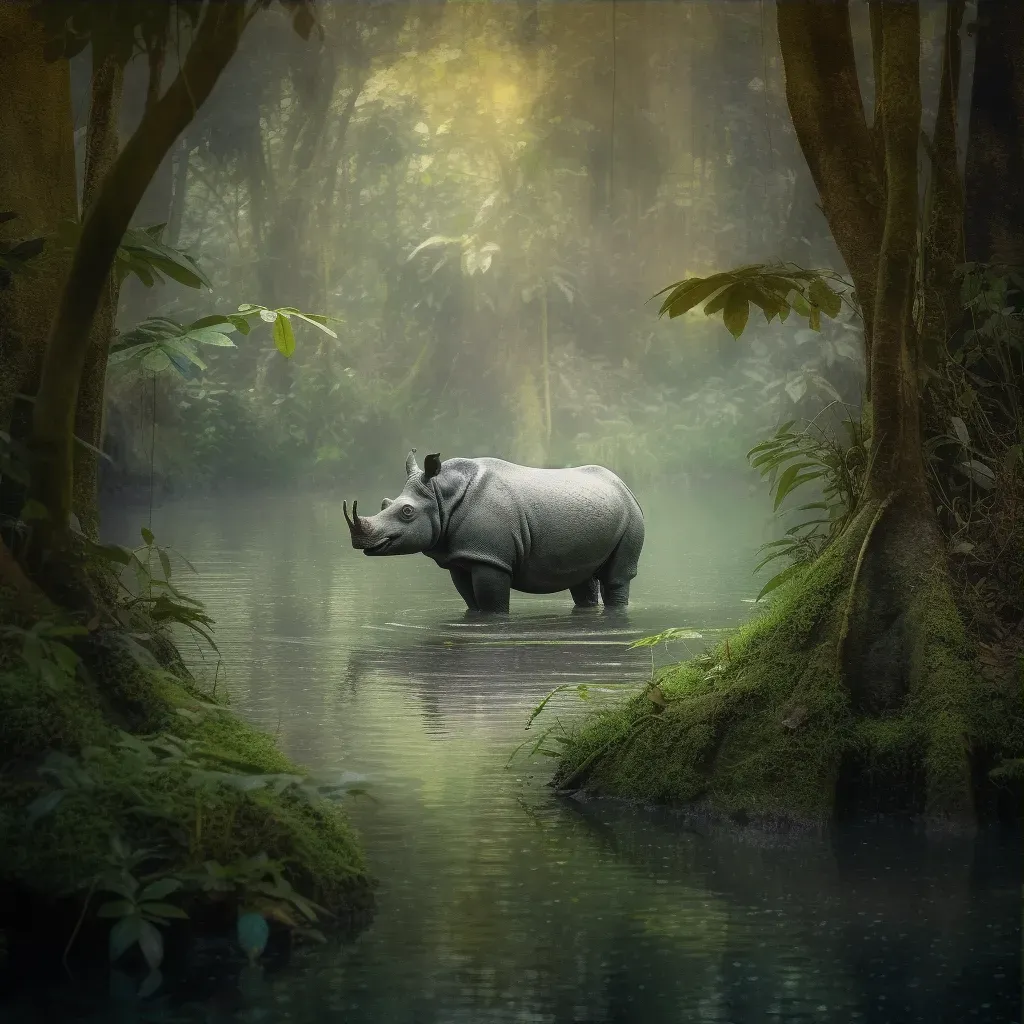 Image of a Javan Rhino drinking in the Indonesian rainforest - Image 3