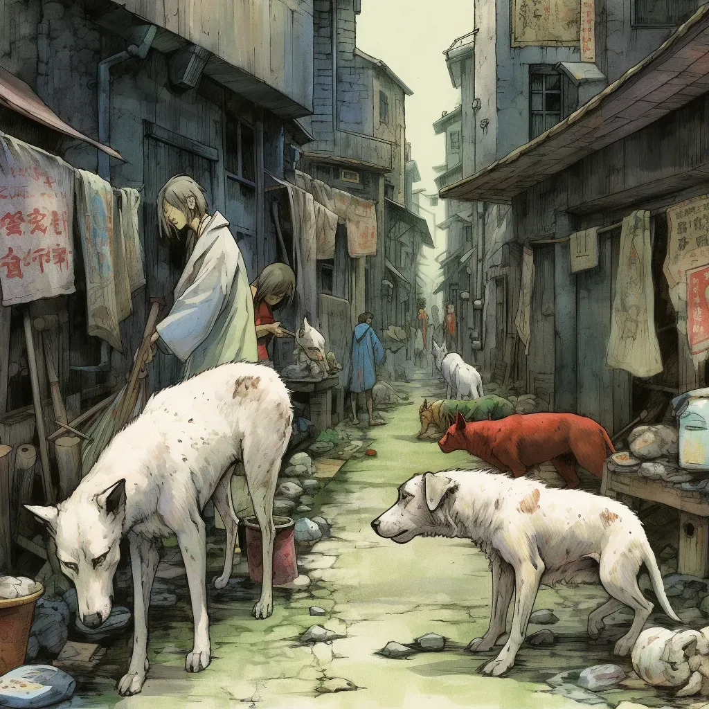 Saintly figure feeding dogs in urban alleyway - Image 1