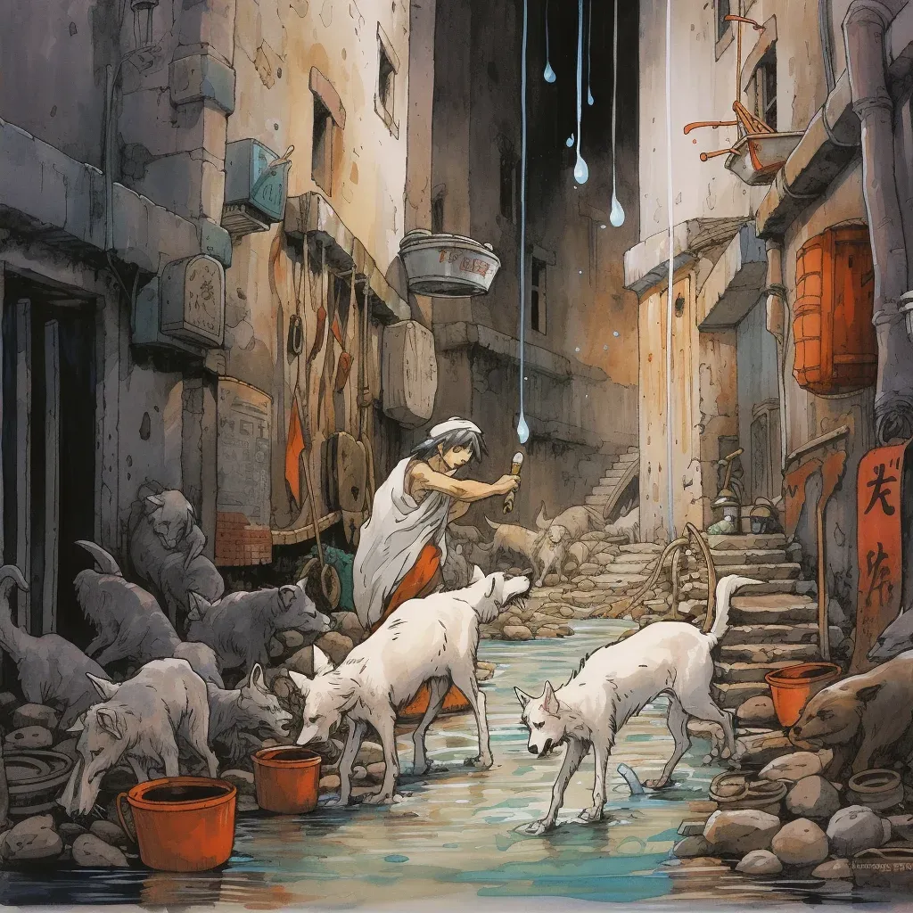 Saintly figure feeding dogs in urban alleyway - Image 2