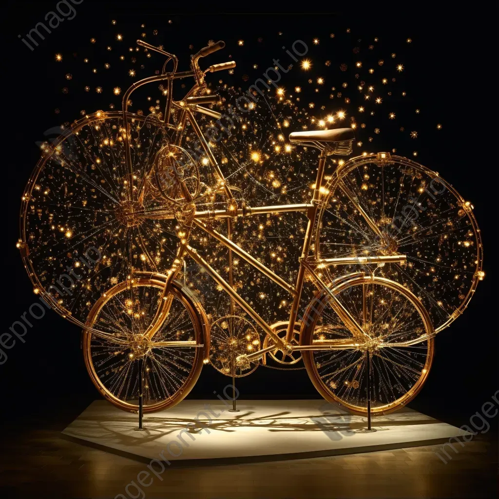 Softly lit constellation map crafted from discarded bicycle parts, inspired by Surrealistic elements - Image 1