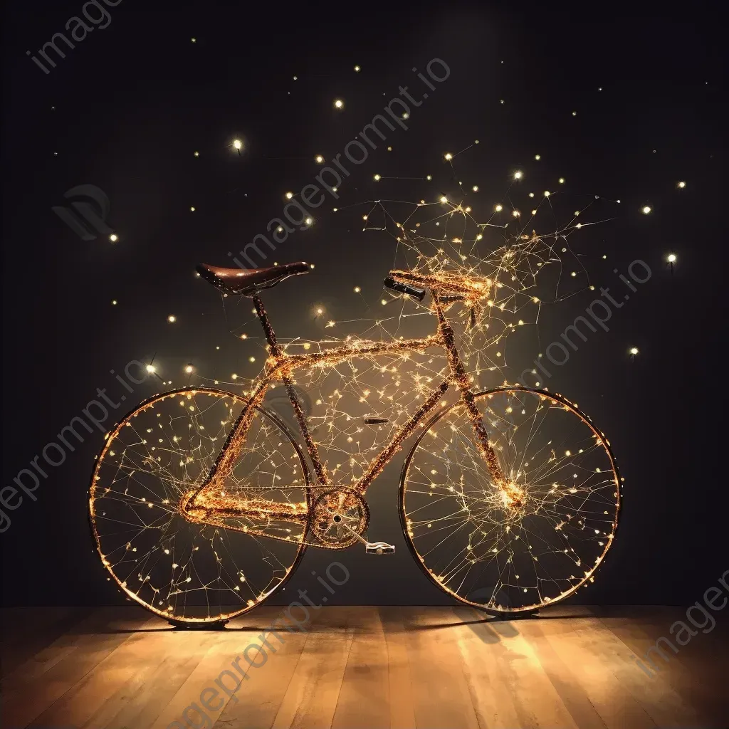 Softly lit constellation map crafted from discarded bicycle parts, inspired by Surrealistic elements - Image 2