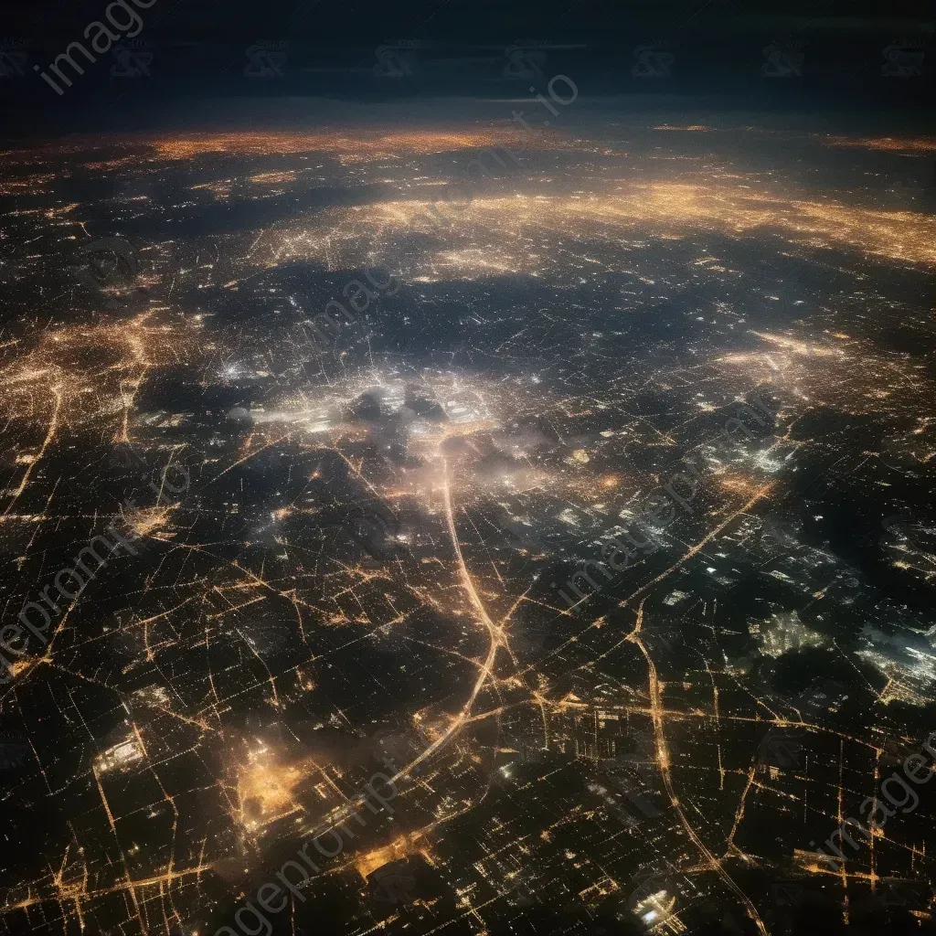 City lights shining brightly at night seen from airplane window - Image 1