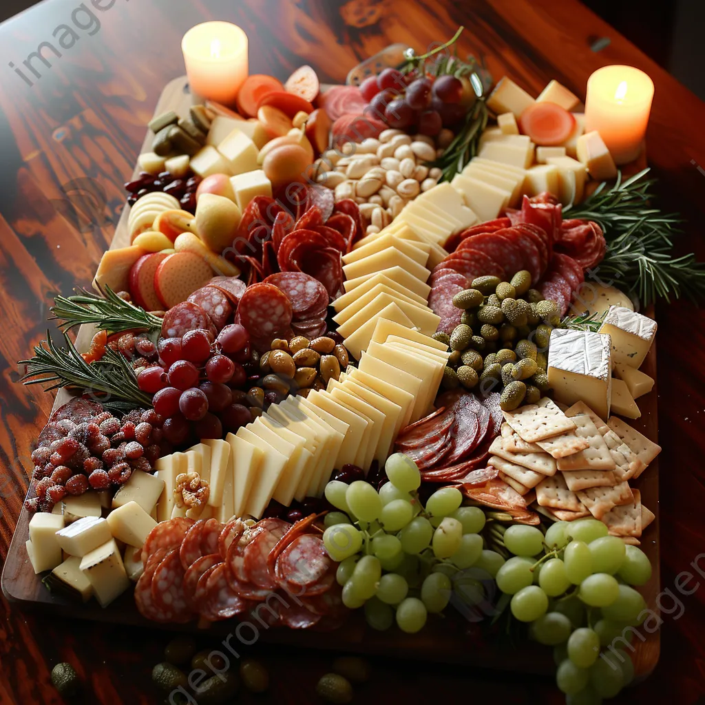 Charcuterie board with cheeses, meats, and fruits on wooden surface - Image 2