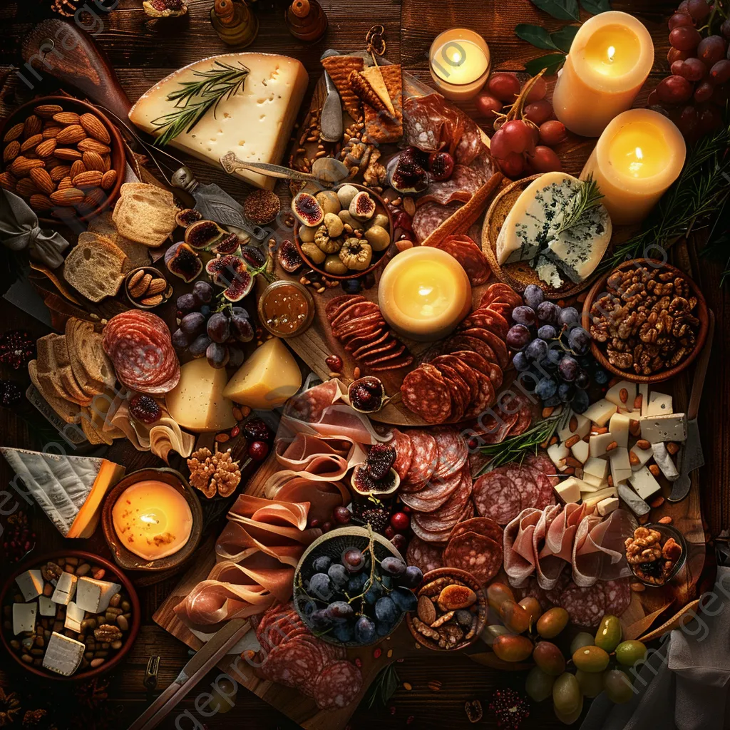 Charcuterie board with cheeses, meats, and fruits on wooden surface - Image 3