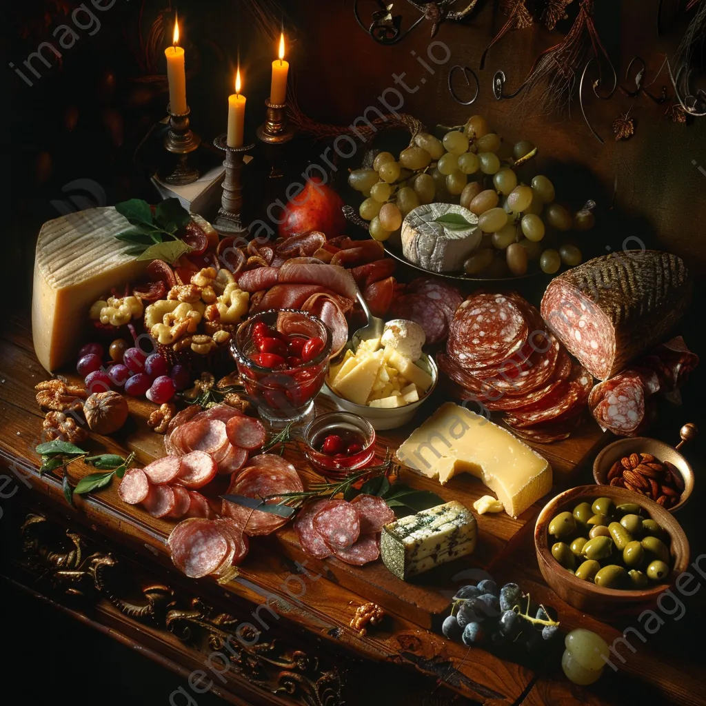 Charcuterie board with cheeses, meats, and fruits on wooden surface - Image 4