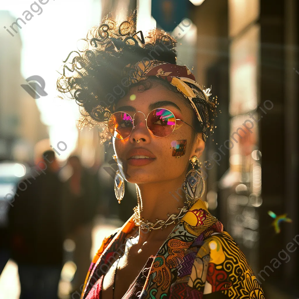 Woman in a colorful outfit standing in a sunny city street - Image 1