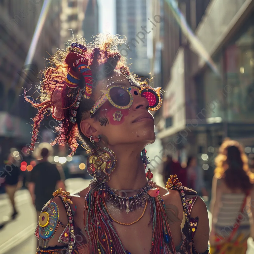 Woman in a colorful outfit standing in a sunny city street - Image 2