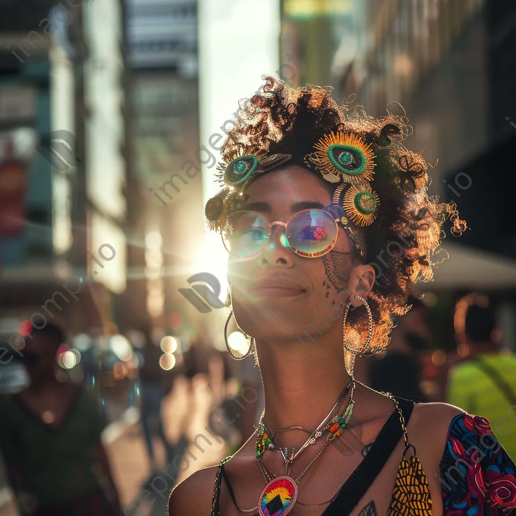 Woman in a colorful outfit standing in a sunny city street - Image 3