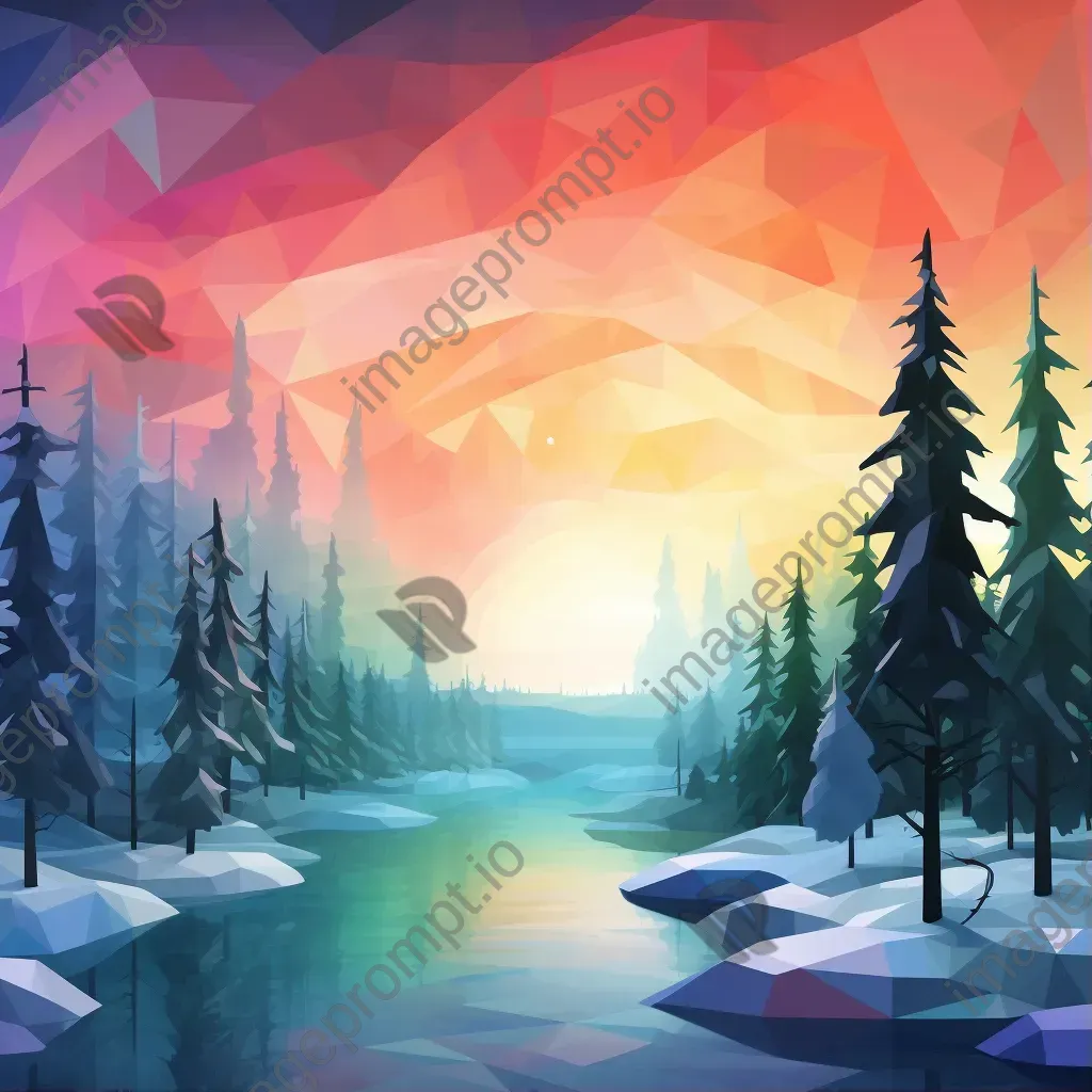 Low poly depiction of a wintry northern lights display over a pristine snowscape with distant pines - Image 1