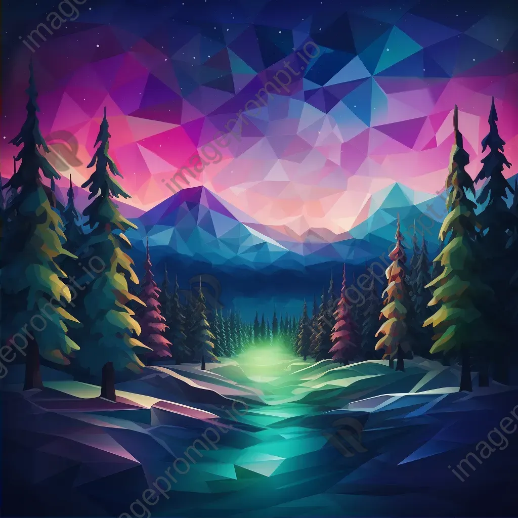 Low poly depiction of a wintry northern lights display over a pristine snowscape with distant pines - Image 2