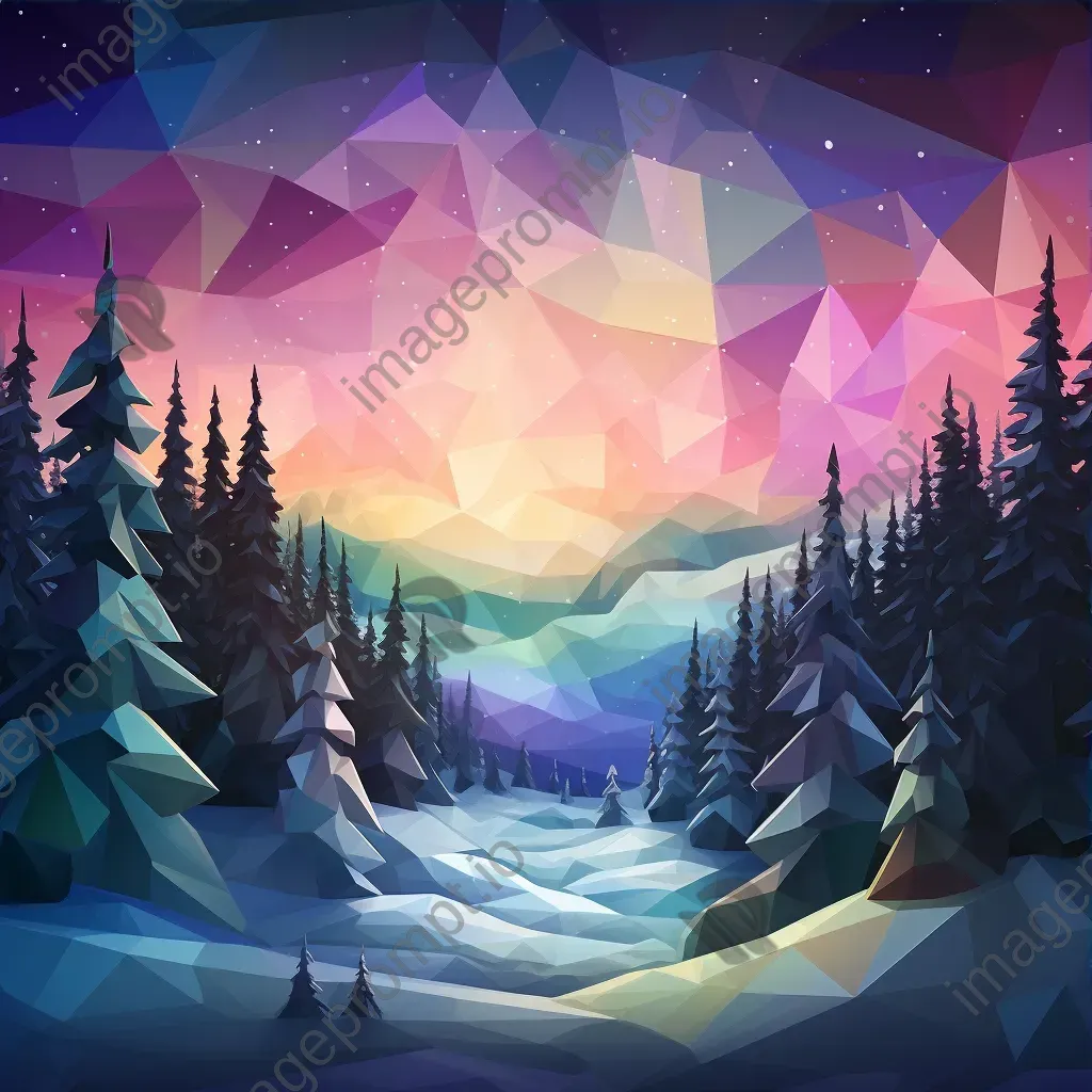 Low poly depiction of a wintry northern lights display over a pristine snowscape with distant pines - Image 3