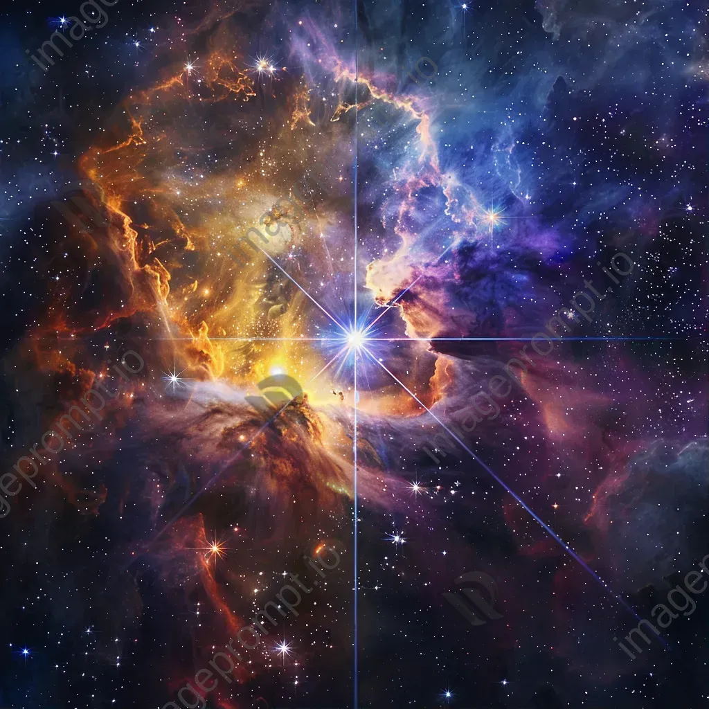 Luminous star in a cosmic backdrop with colorful nebulae and distant galaxies - Image 1