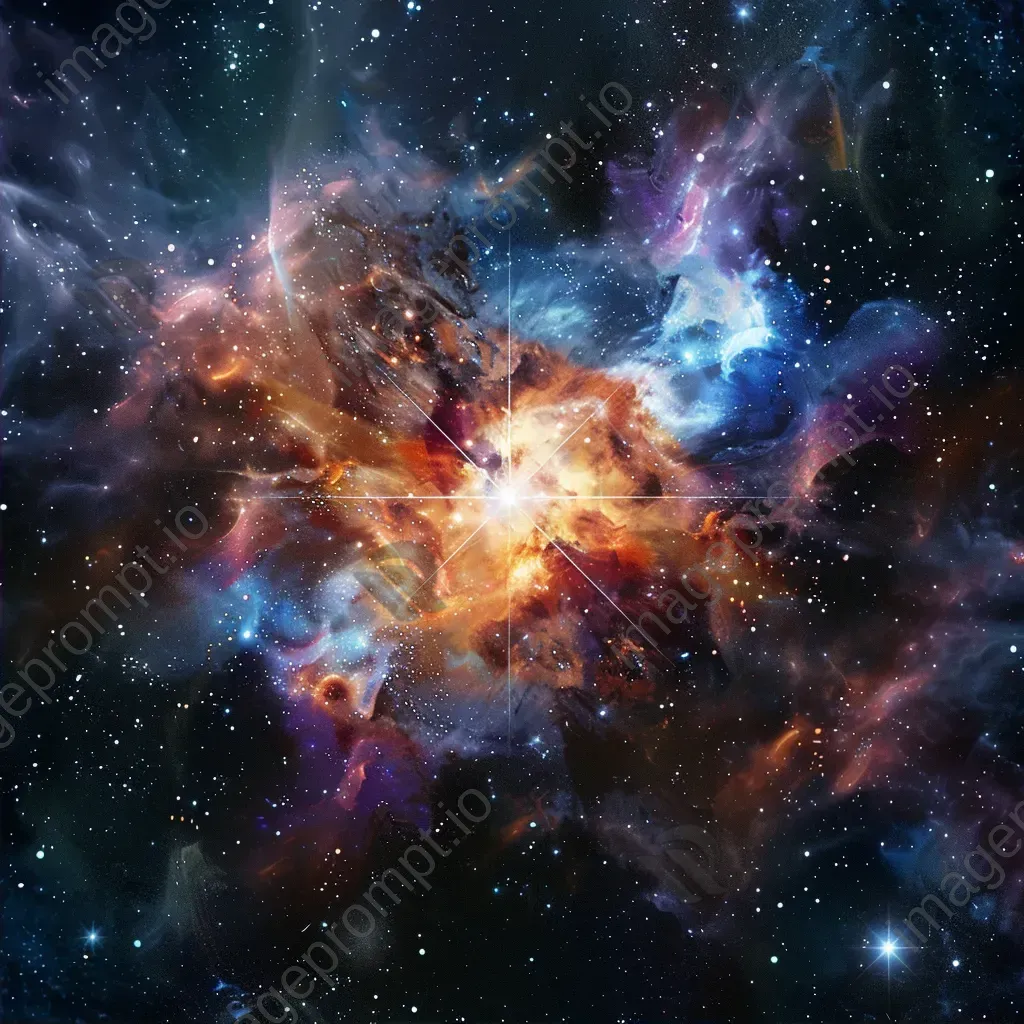 Luminous star in a cosmic backdrop with colorful nebulae and distant galaxies - Image 2