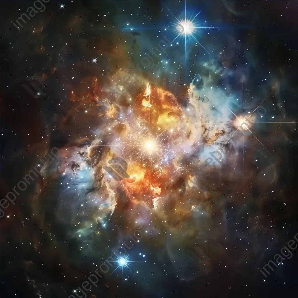 Luminous star in a cosmic backdrop with colorful nebulae and distant galaxies - Image 4