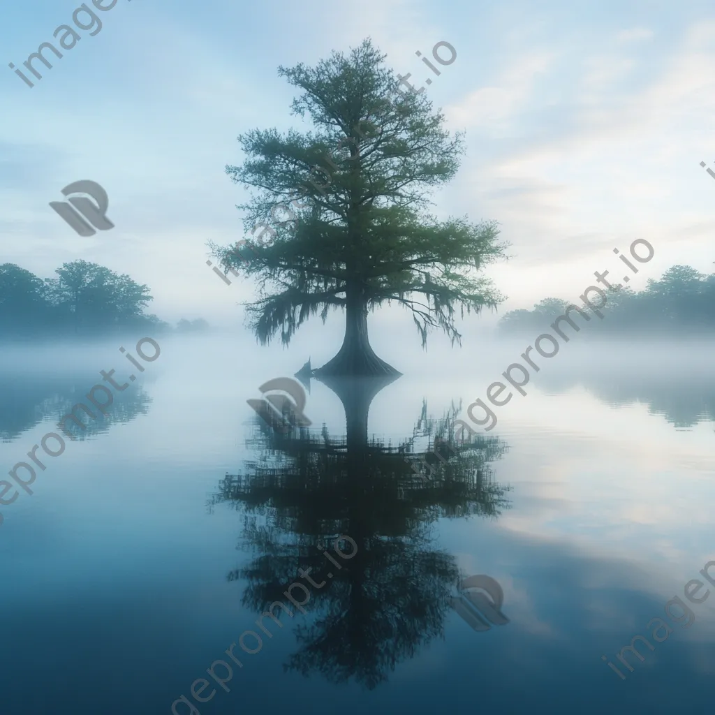 Cypress tree reflection in calm dawn waters - Image 1