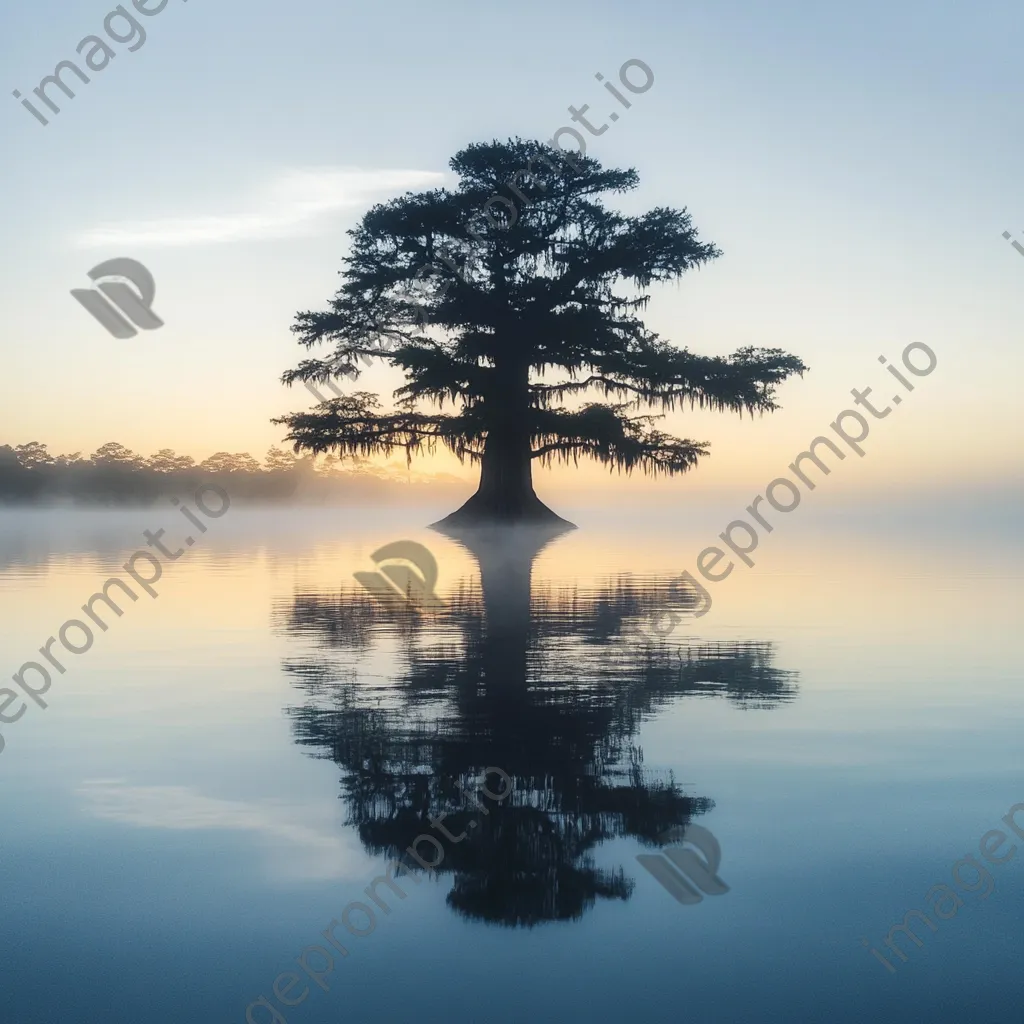 Cypress tree reflection in calm dawn waters - Image 2