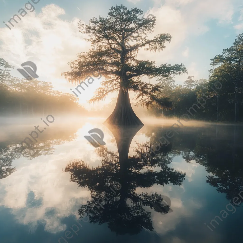 Cypress tree reflection in calm dawn waters - Image 3